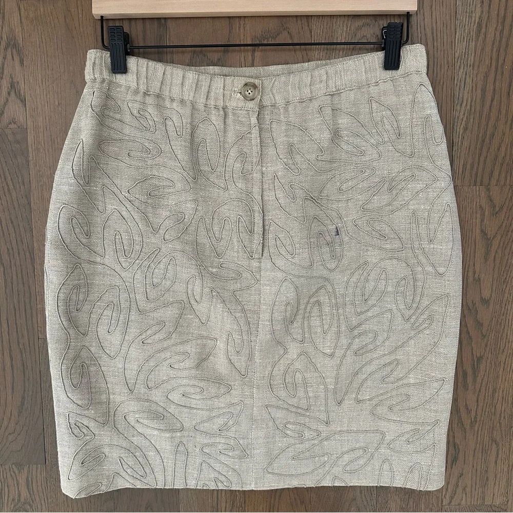 Vintage Carmen Marc Valvo Embroidered Neutral Linen Pencil Skirt in Tan Size 8